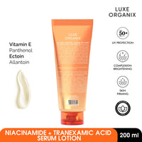 LUXE ORGANIX Niacinamide + Tranexamic Acid Youthful Glow Whitening Serum Lotion SPF 50 PA++++ 200ML