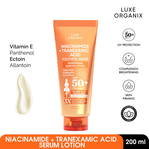 LUXE ORGANIX Niacinamide + Tranexamic Acid Youthful Glow Whitening Serum Lotion SPF 50 PA++++ 200ML